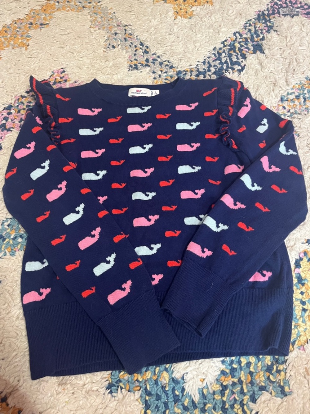Vineyard Vines Navy Crewneck Sweater with Pink, Red, and Light Blue Whales
